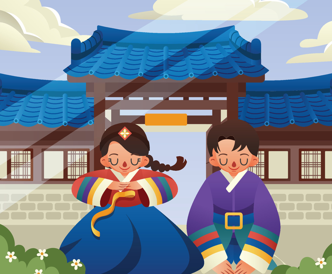 A Girl and a Boy Doing a Traditional Greeting in front of Hanok