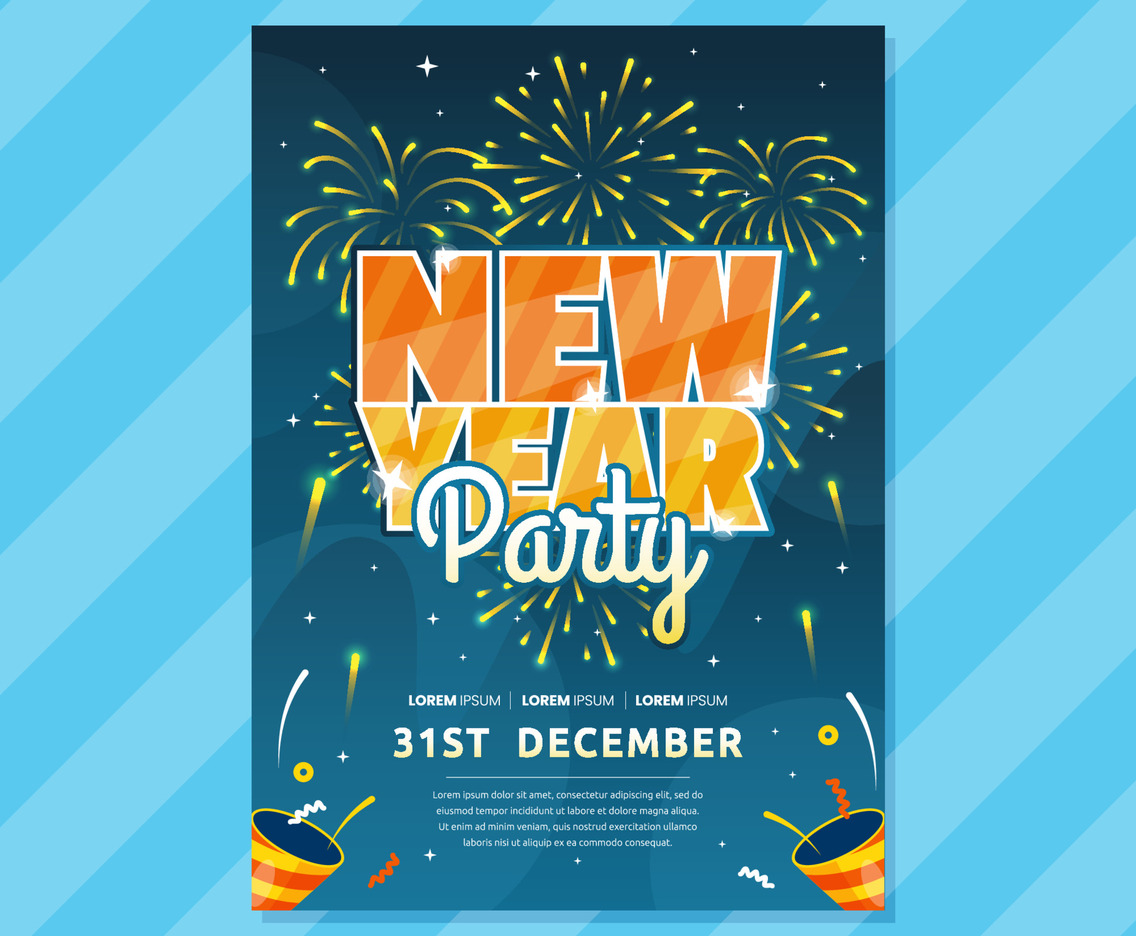New Year Party Poster with the Fireworks and Confetti