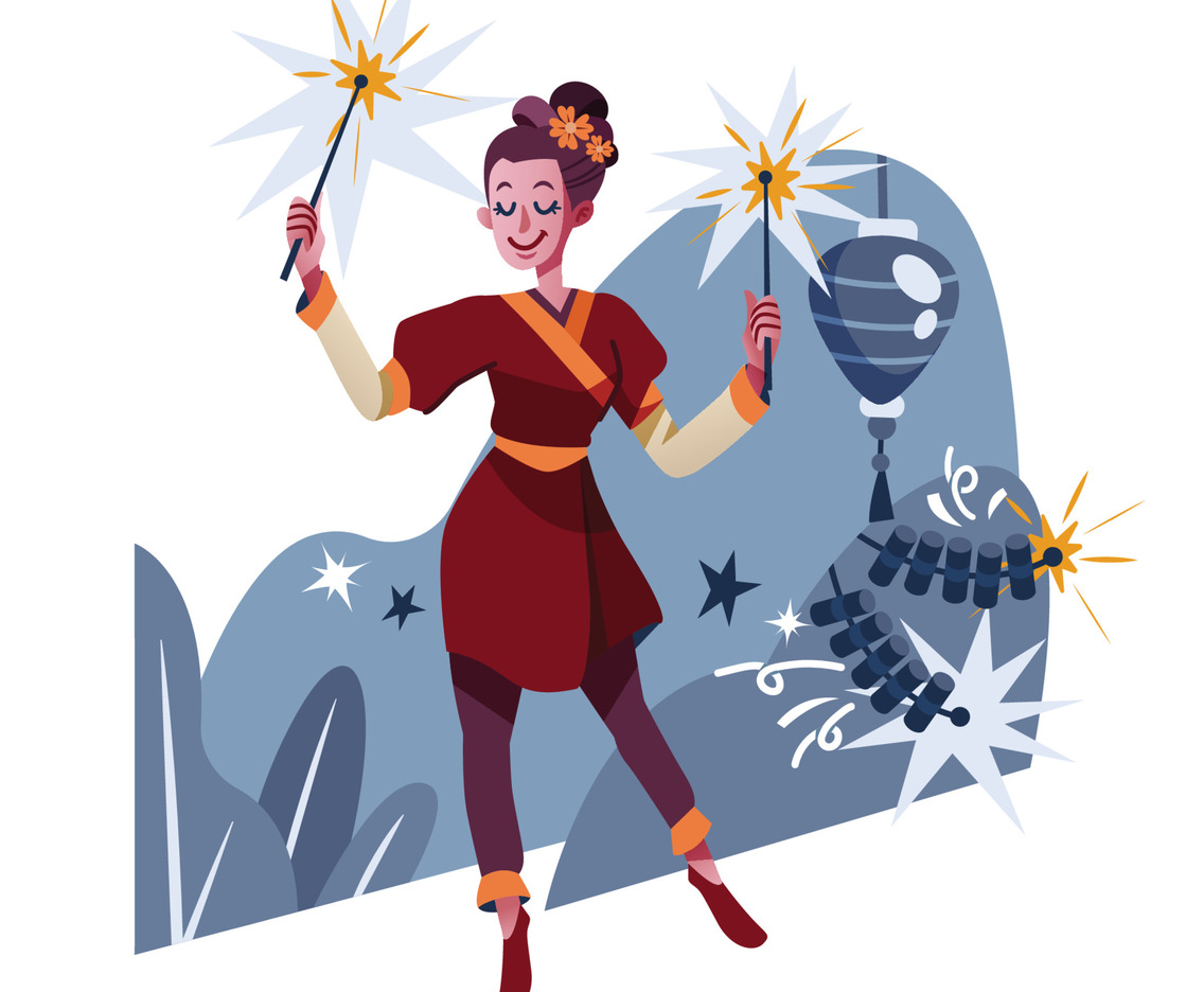 A Girl Celebrating Chinese New Year With Fireworks And Firecrackers