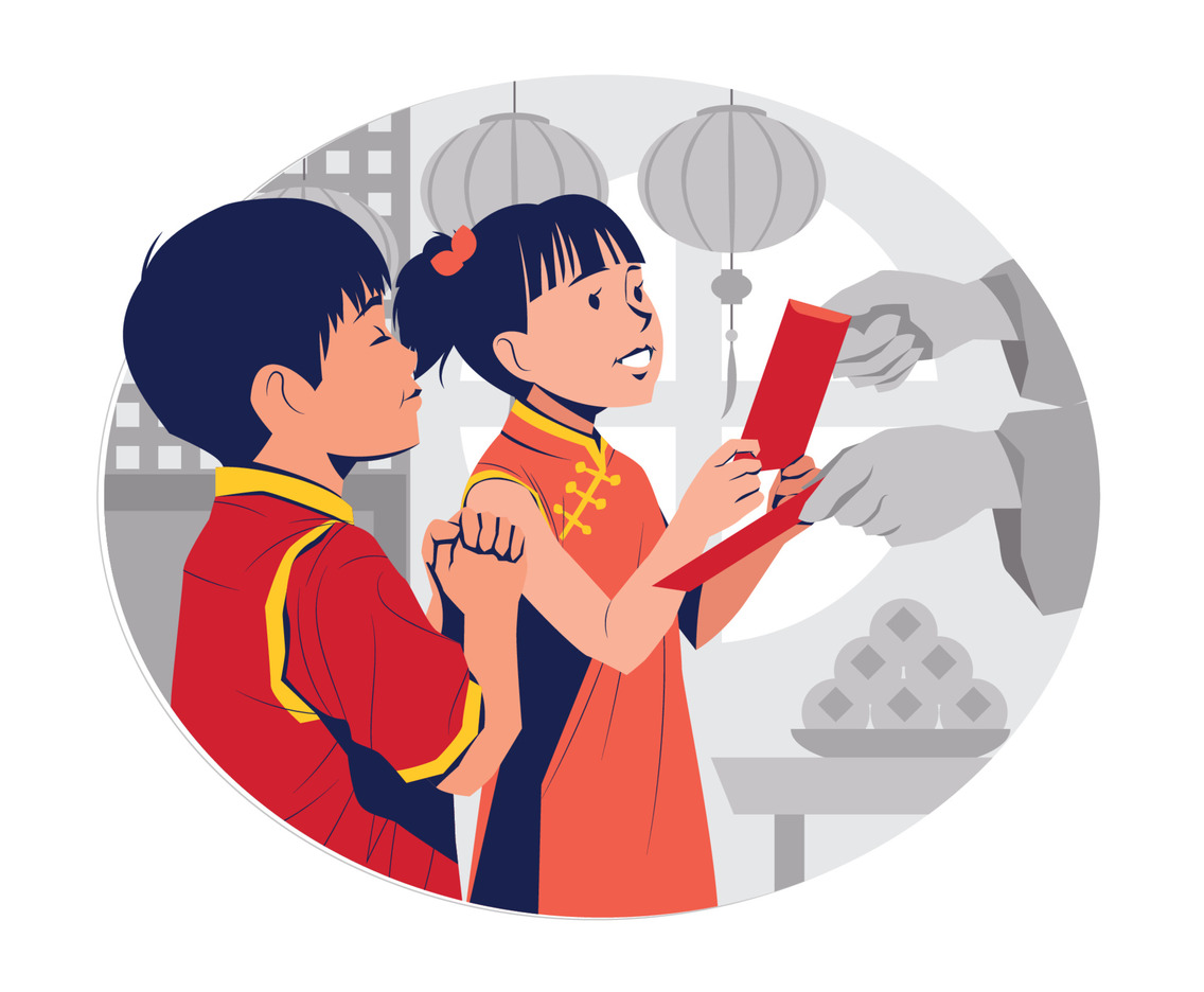 Asian Children Receiving Red Envelope in Chinese New Year Concept