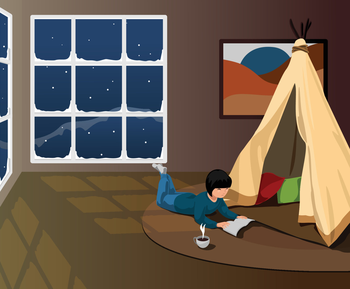 Girl Reading a Book in Winter Evening at Home