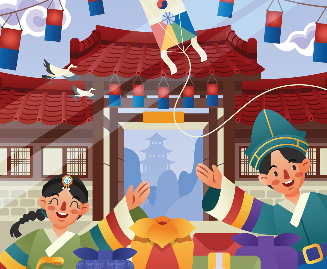 A Girl and a Boy Celebrating Seollal in front of Hanok