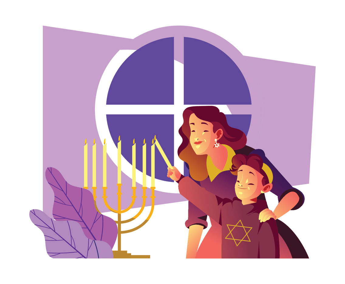 Kid Celebrating Hanukkah with His Mom
