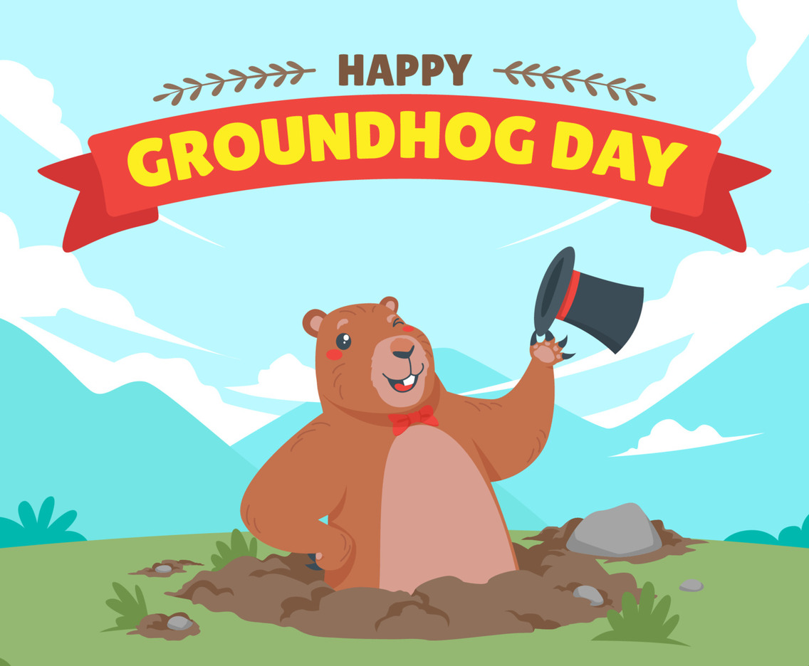 Cute Groundhog Emerges from the Ground with Hats Off Pose
