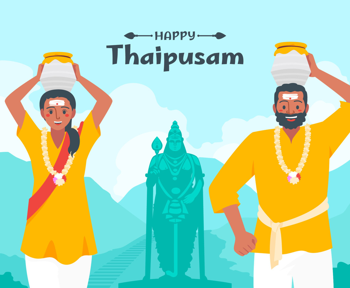 Man and Women Celebrating Thaipusam Day in front of Lord Murugan Statue