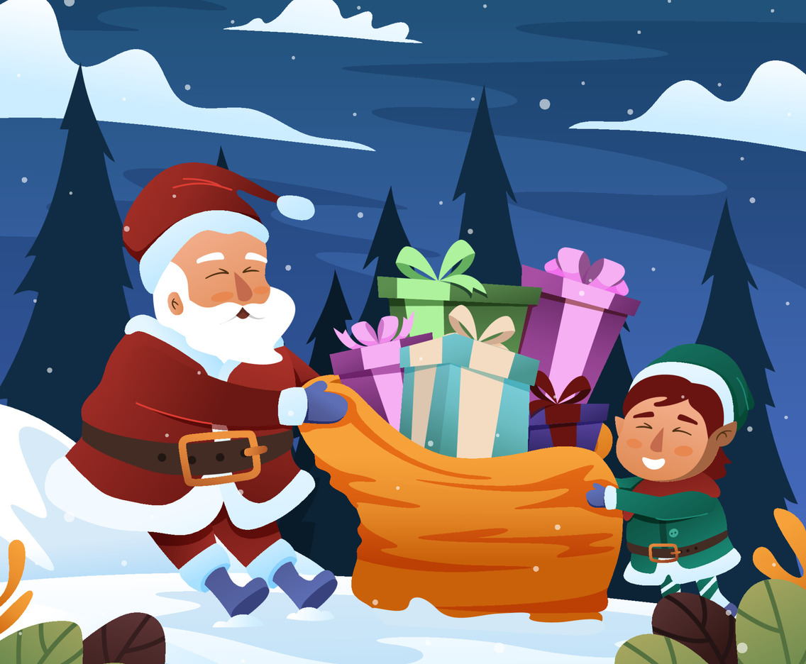 Santa Claus and His Helper Carrying Gifts