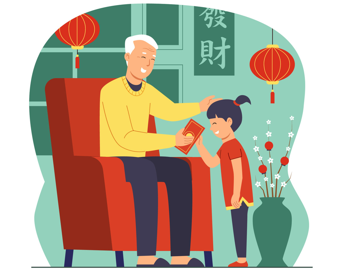 Grandfather Giving Red Envelope to Grandchild