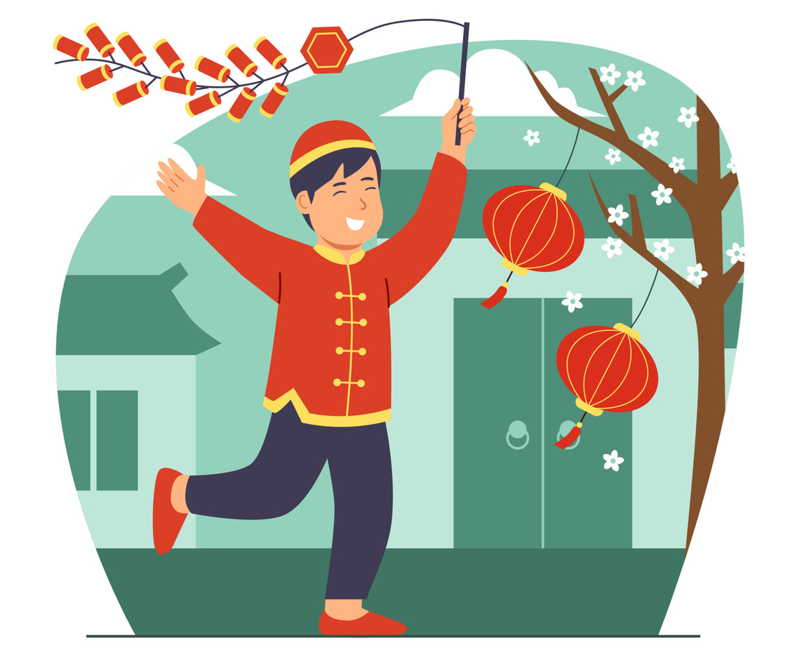 Chinese New Year Activity with Boy Playing Firecrackers