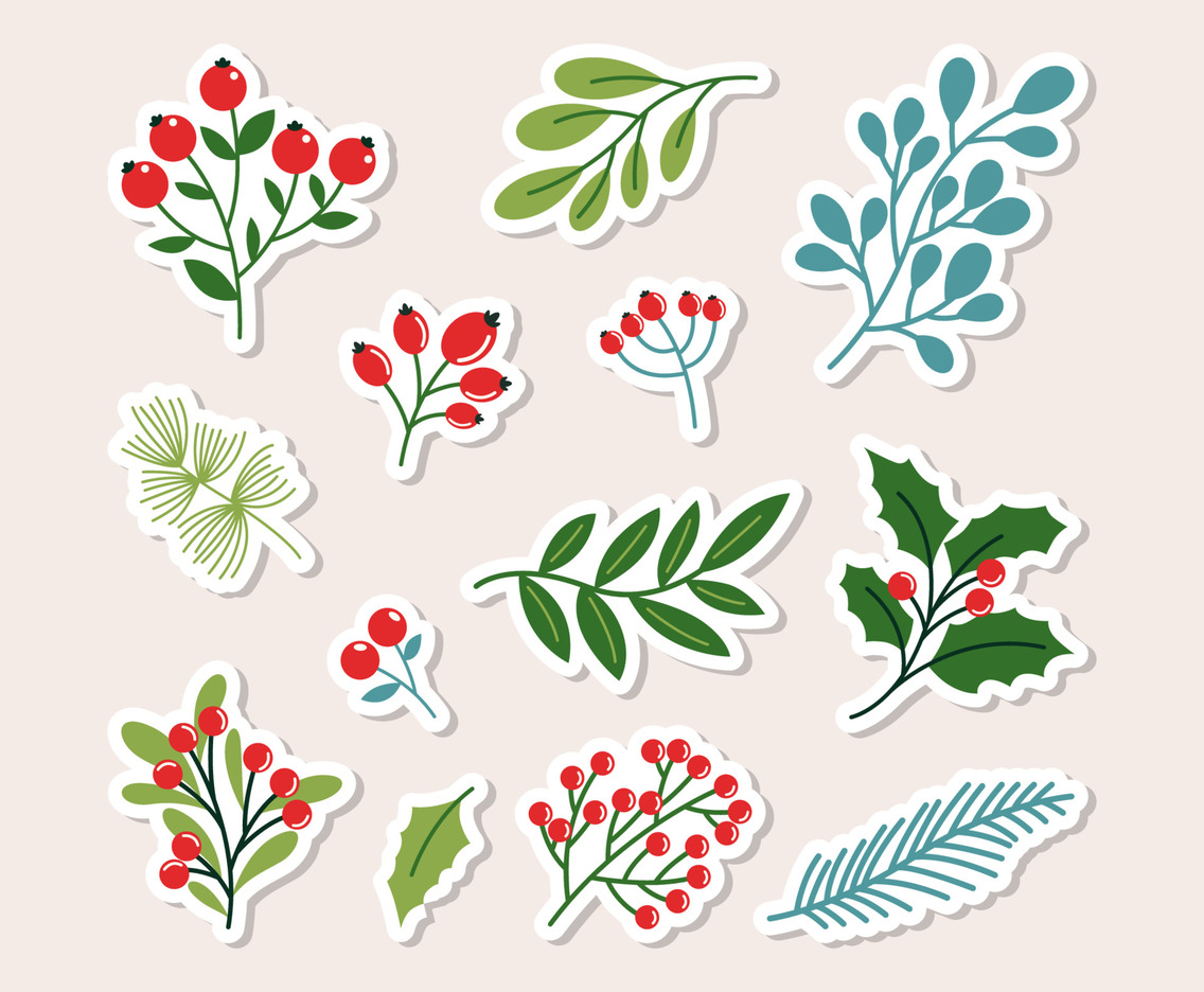 Winter Floral Leaves and Berries Sticker Collection