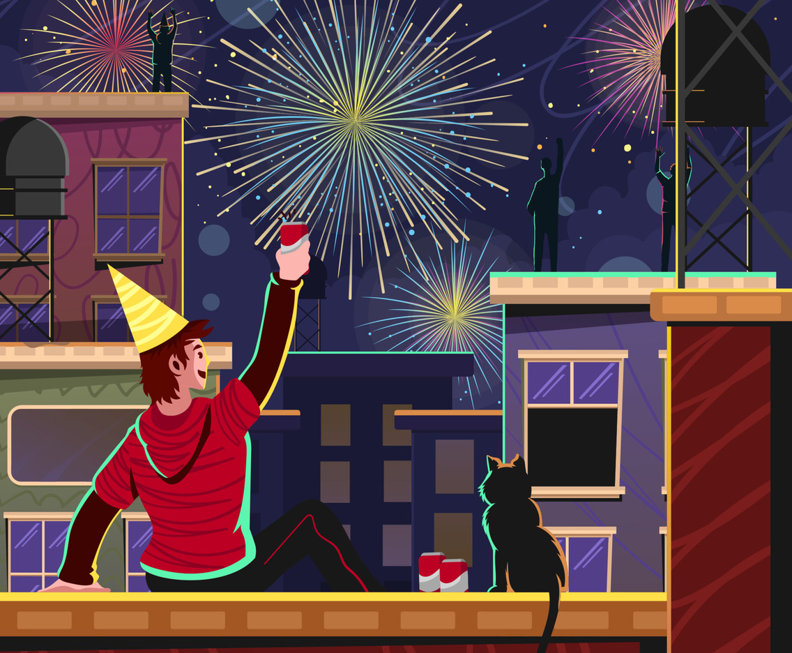 Celebrating New Year's Eve Fireworks at Roof