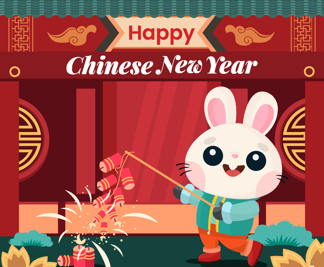 Rabbit Playing Fireworks In Chinese New Year Concept