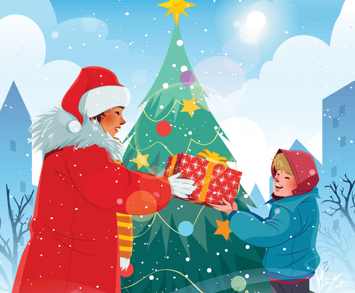 Woman Giving Christmas Gift to Homeless Kids at Boxing Day Concept