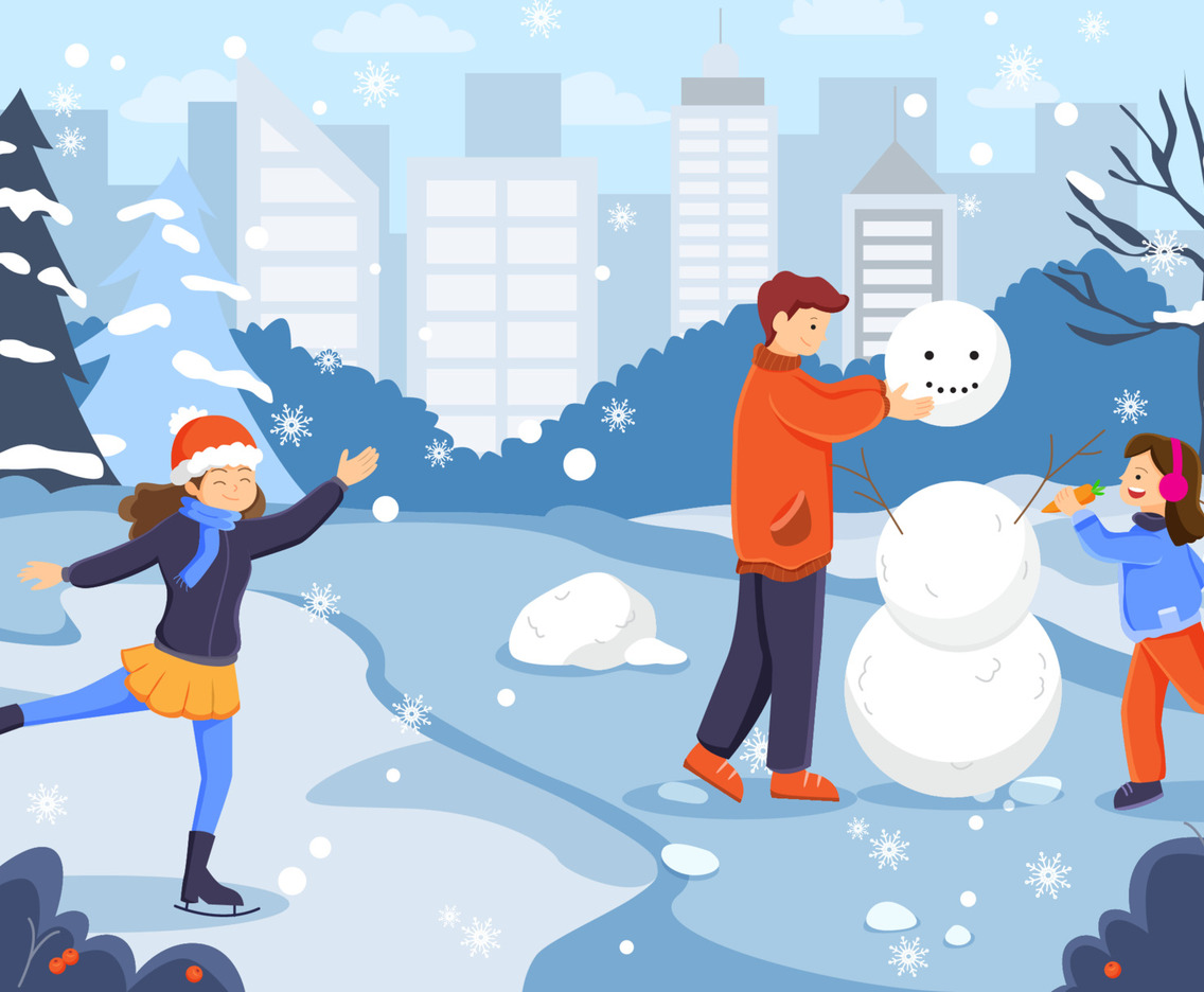 People Playing in the Snow at Winter