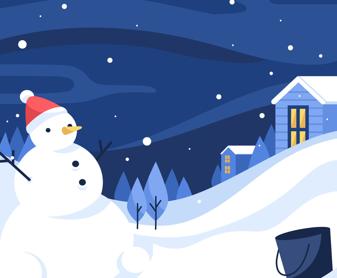 Snowman Standing Alone in Snowy Night