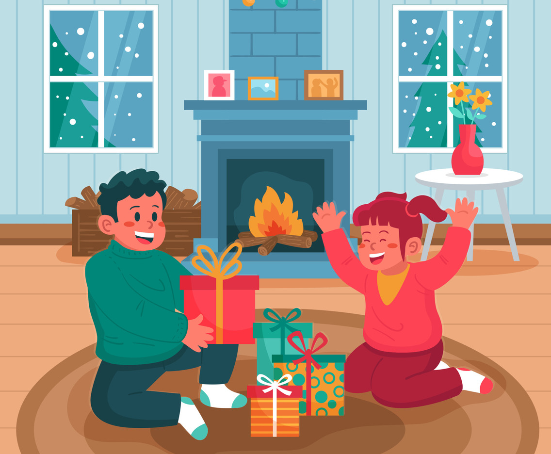 Children Opening Gifts in Winter Indoor Activity