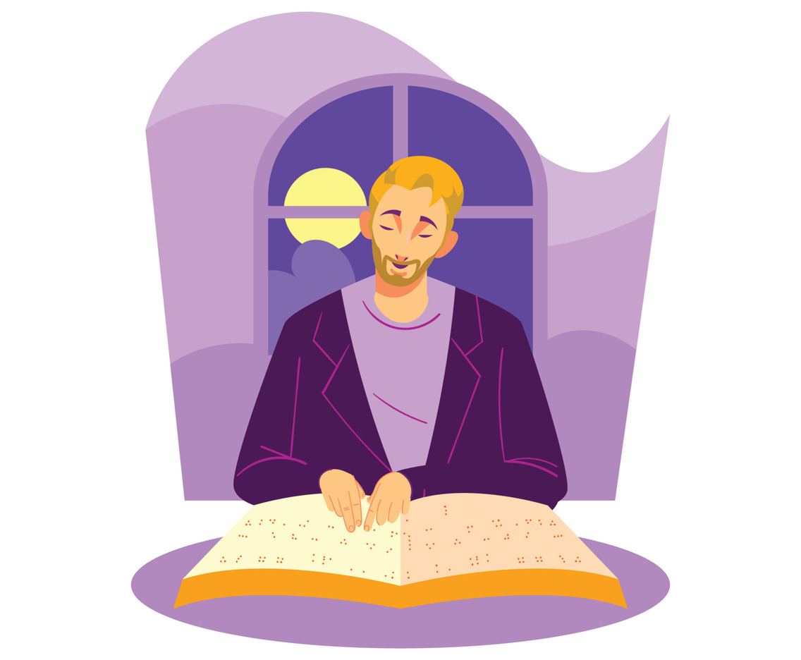 Young Man Reading Braille Book