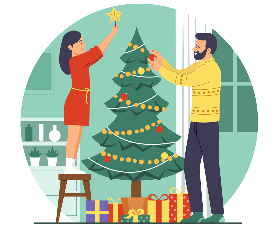 Father and Daughter Decorating Christmas Tree at Home