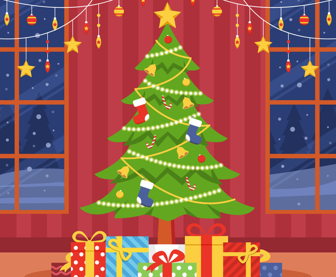 Decorated Christmas Tree with Ornament and Gifts