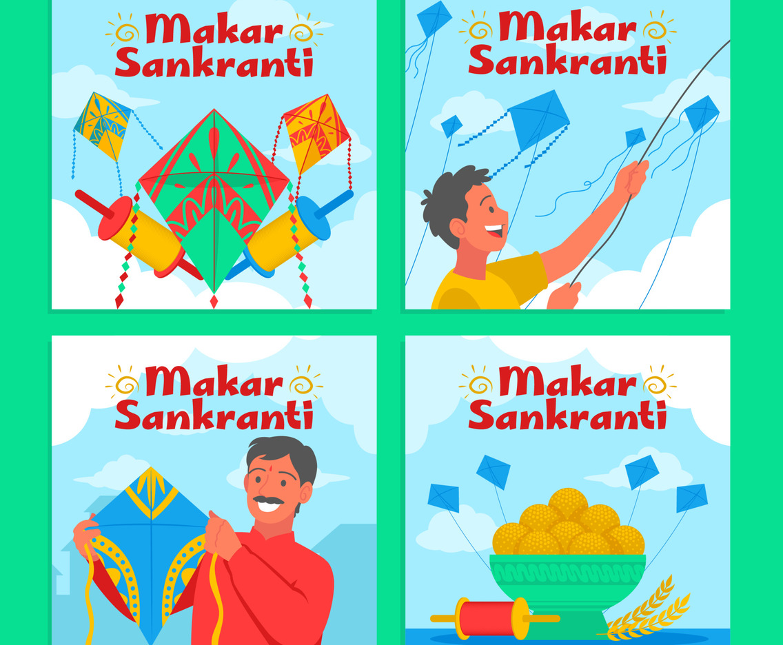 Man and Kid Playing Kite Happily in Makar Sankranti Festival