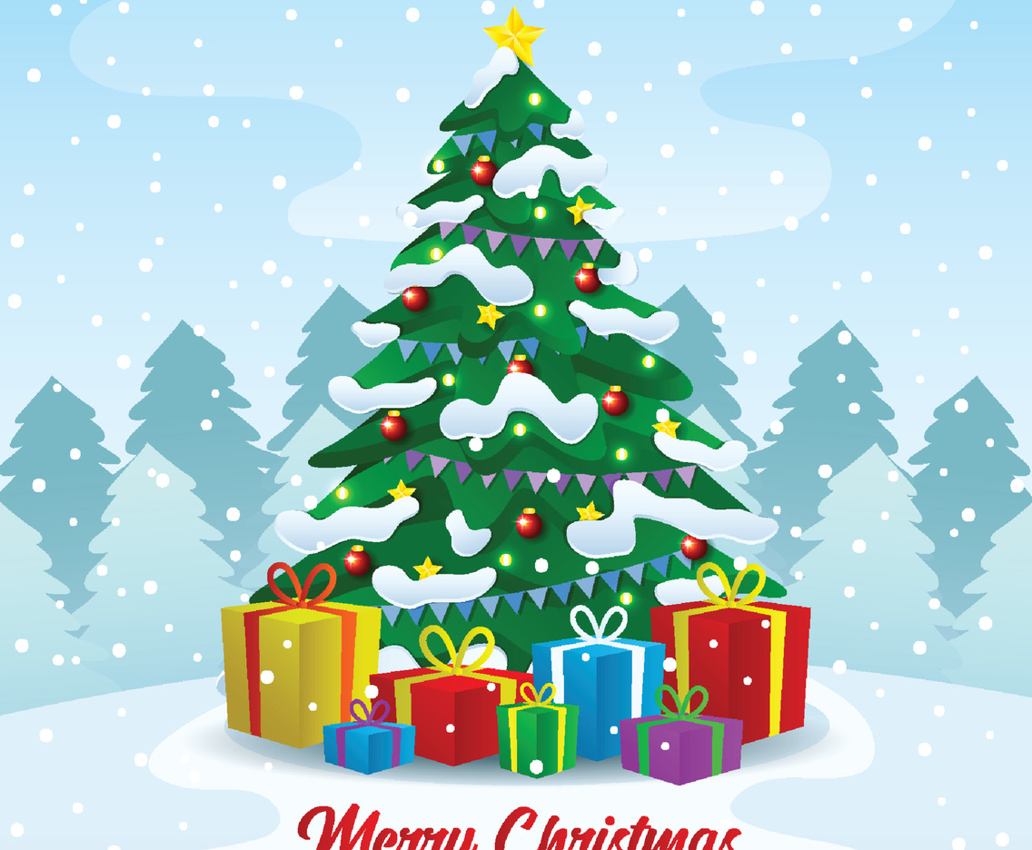 Christmas Tree with Gifts and Snowflakes
