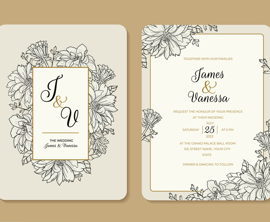 Beautiful Wedding Invitation Design with Hand Drawn Dahlia Flower