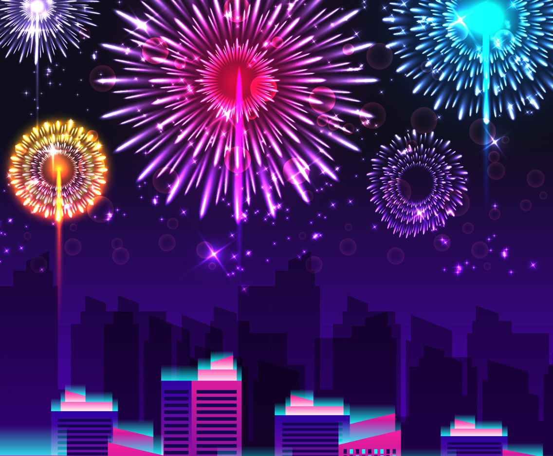 Colorful Firework with Night City View