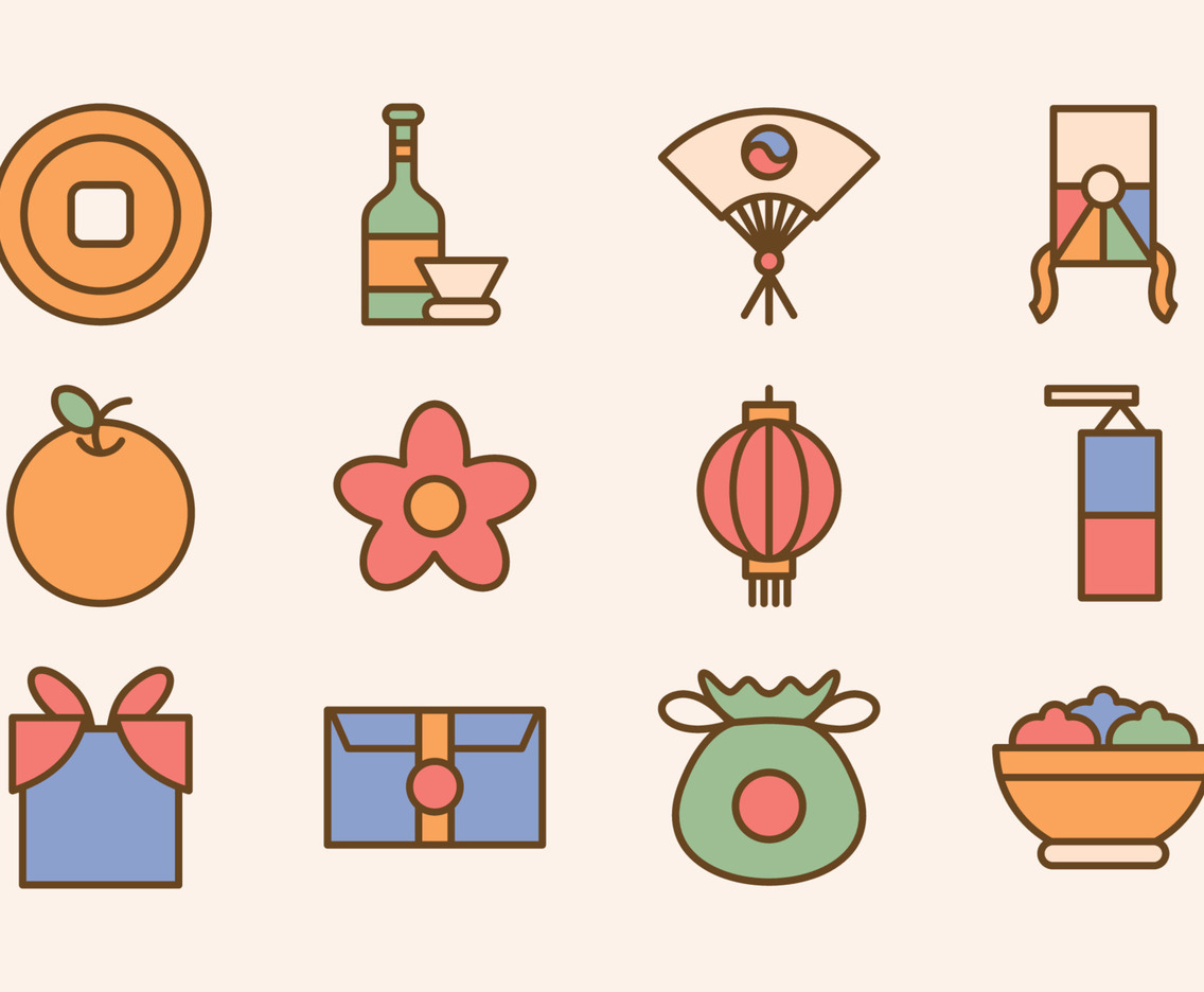 Seollal Korean New Year Flat Outline Icon Collection