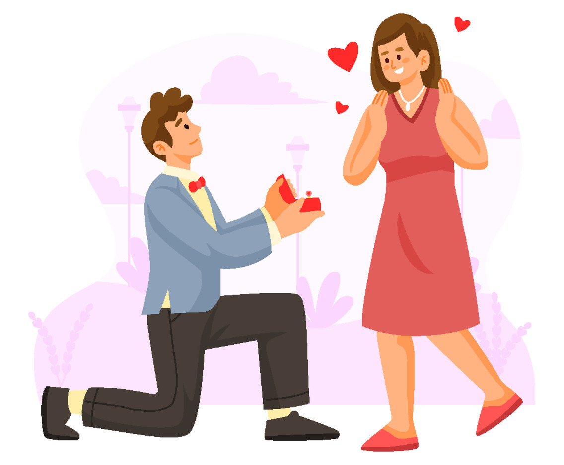 Cute Couple in Love, Man Proposing to the Woman Kneeling Concept