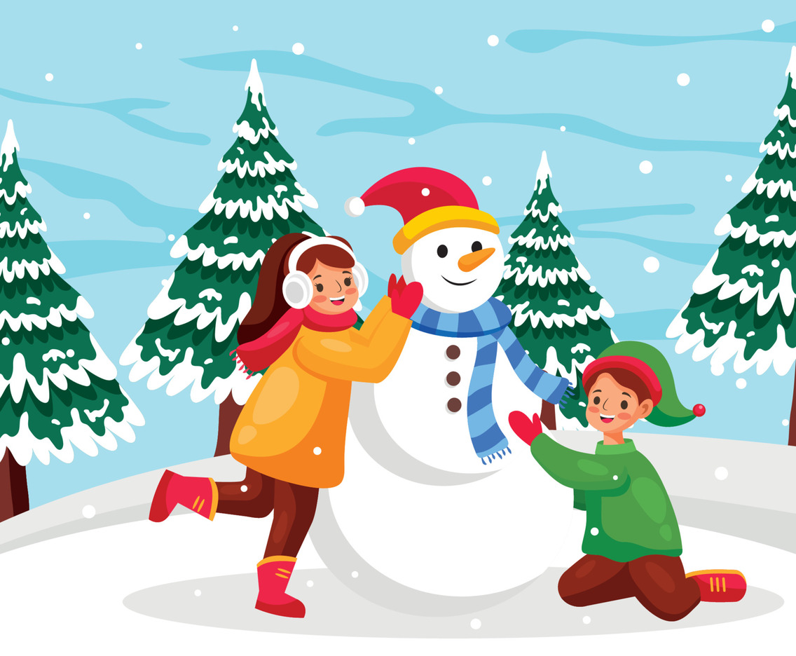 Children Making Snowman Outside In Winter