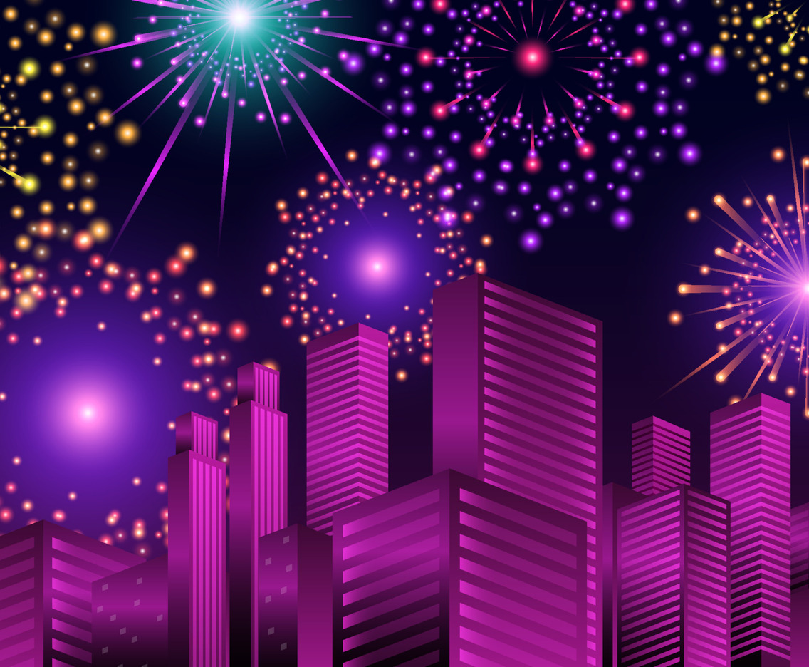 Colorful Fireworks In City Background