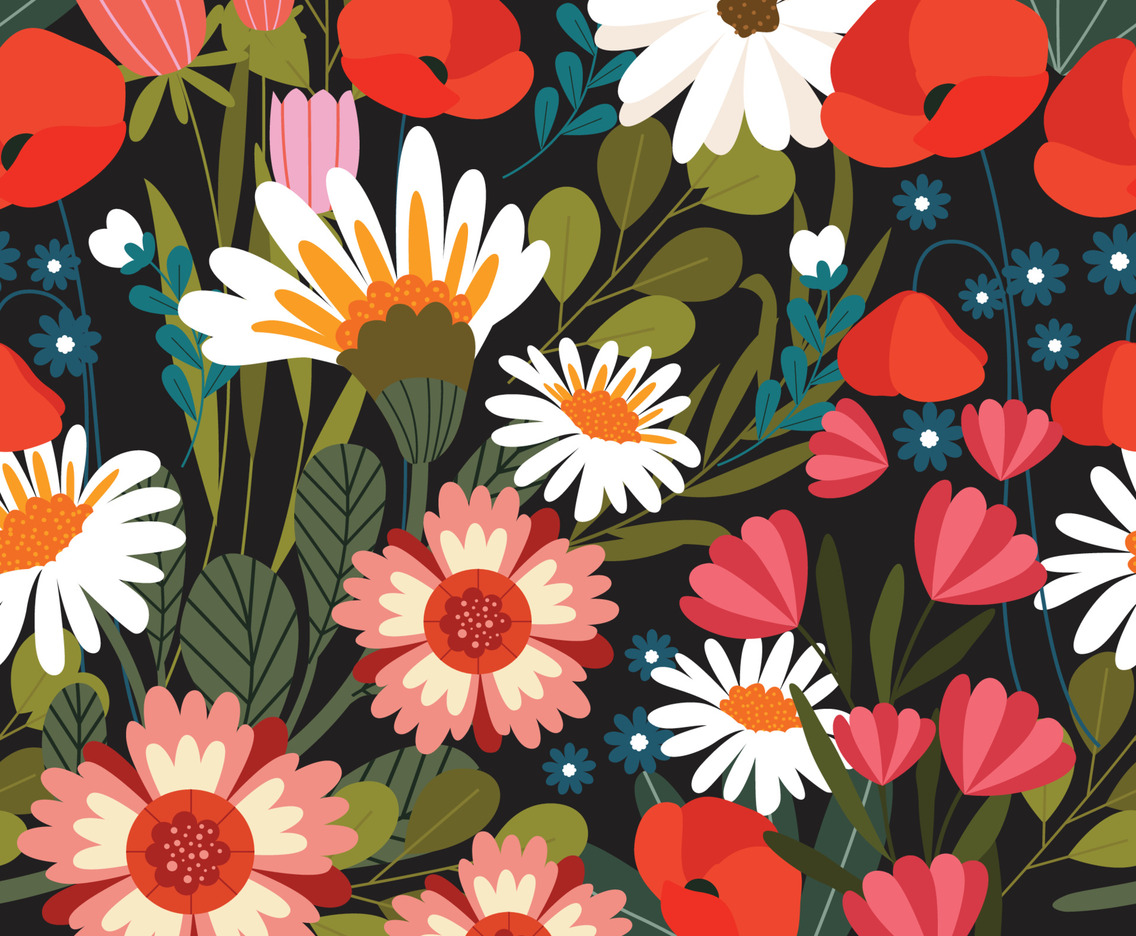 Flowers Seamless Pattern with Black Background
