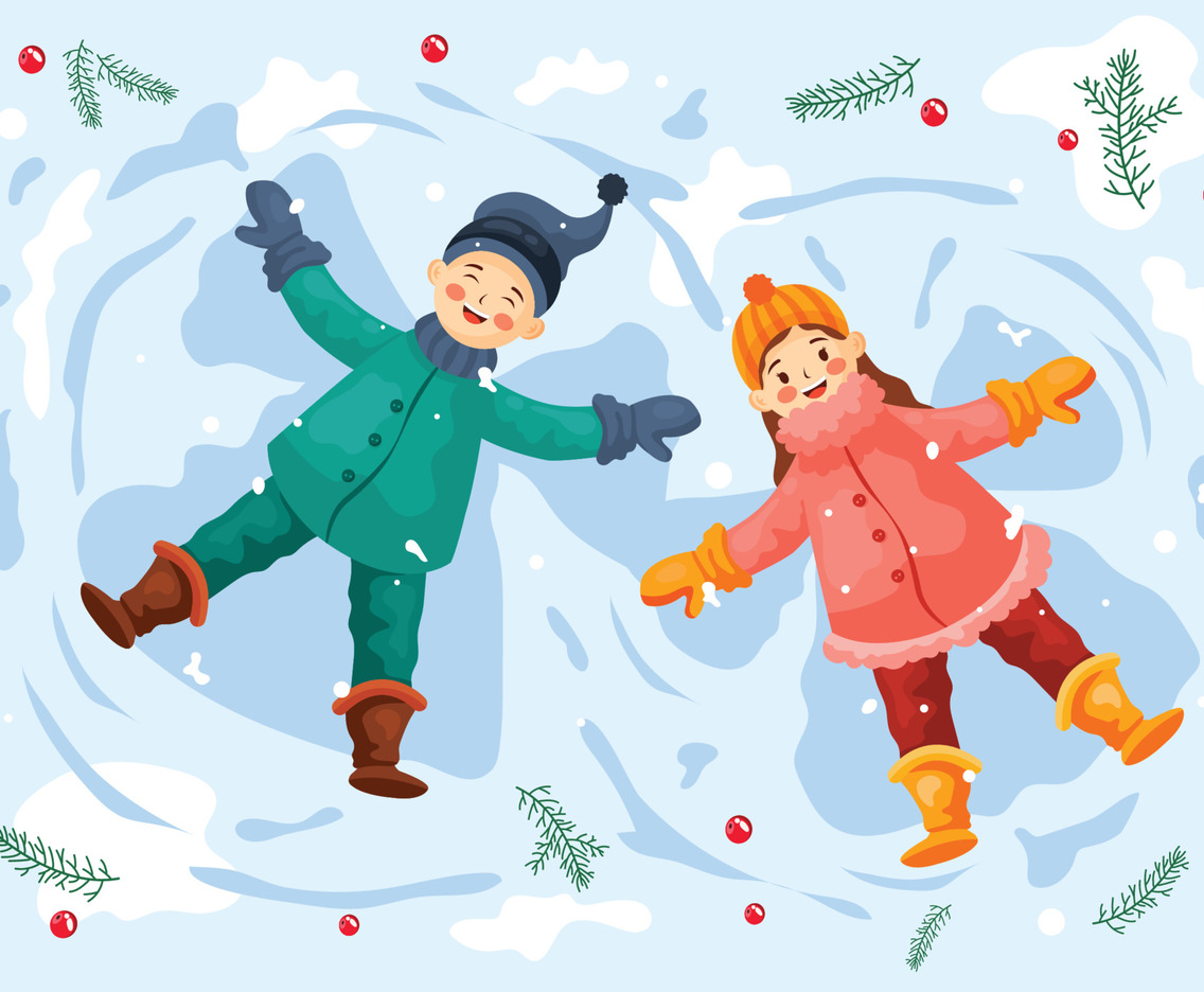 Children Lying Outside In Winter Season