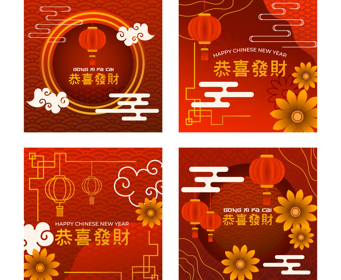 Chinese New Year Social Media Post Template with Lantern and Flower Decoration