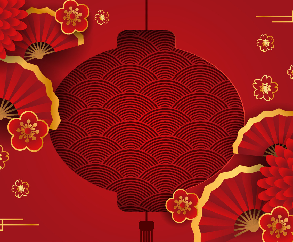 Chinese New Year Background Design with Flowers and Paper Fan on Red Texture