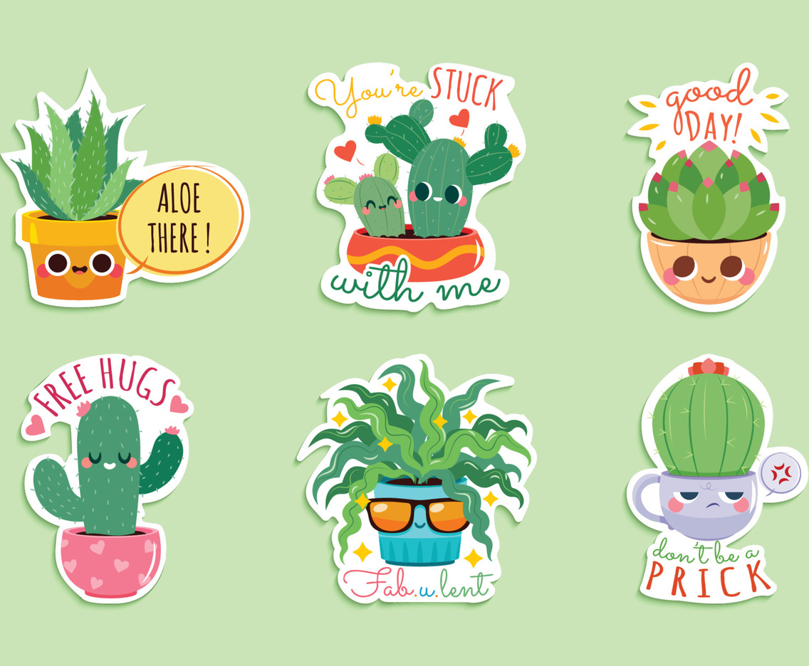 Funny Succulent Cartoon Stickers Set for Journal Template