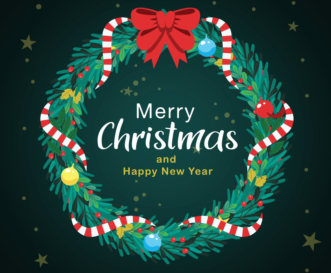 Christmas Wreath with Red Bow and Ribbon