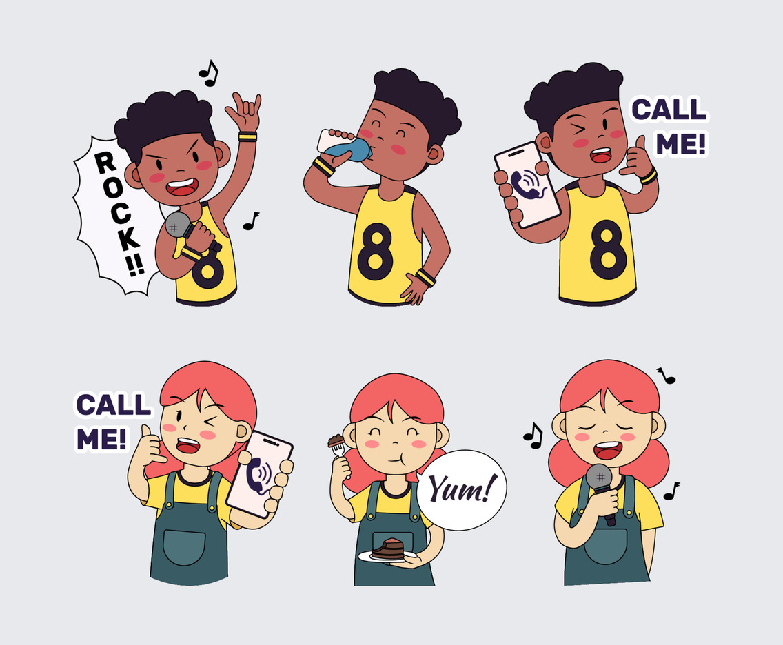 Various Actions of Boy and Girl in Stickers