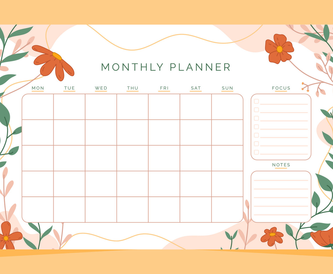 Beauty Monthly Planner Template with Flowers Frame