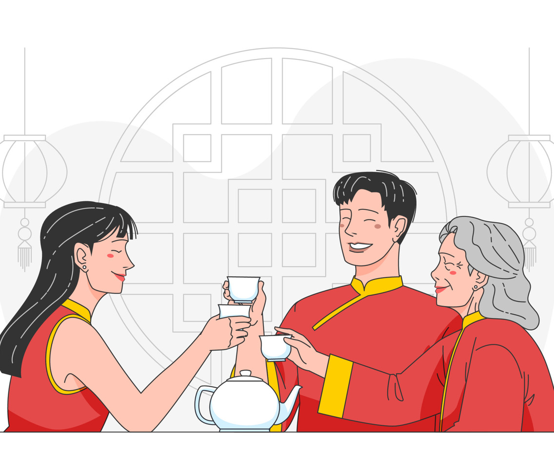 Grandmother Celebrating Chinese New Year Feast with her Son and Daughter