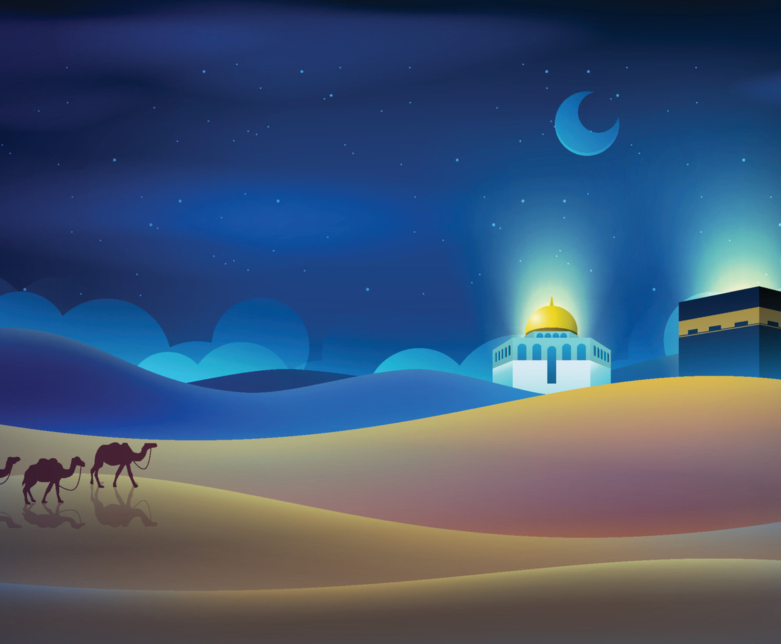 Night of Isra Miraj with Kaabah and Mosque
