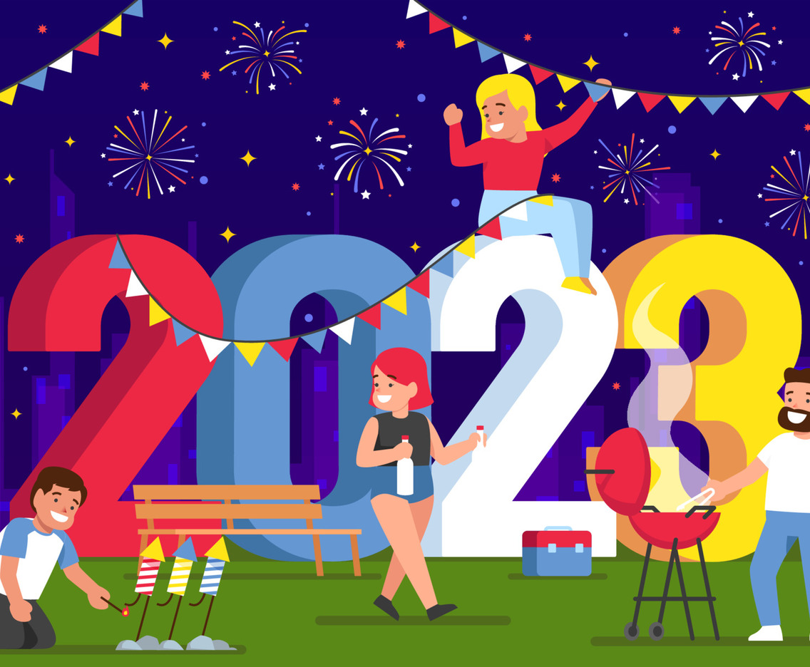 People Celebrating New Year with Barbeque and Fire works