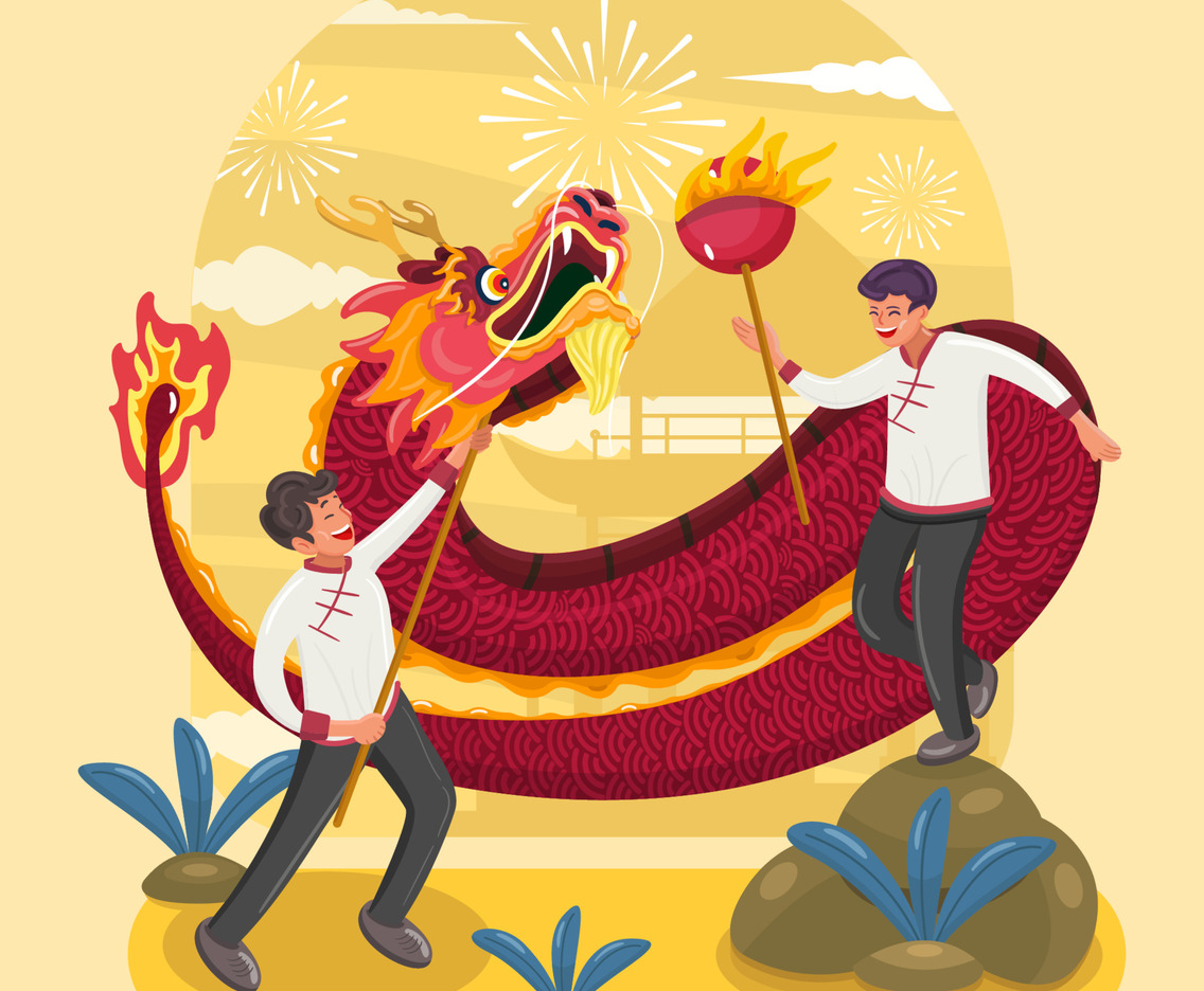 Boys Performing Dragon Dance at Chinese New Year Festival