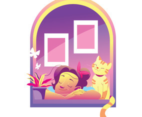 Cute Girl Enjoying Fresh Air in The Window with Her Cat