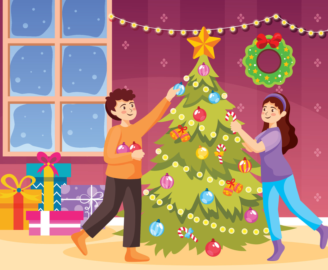 Couple Decorating Christmas Tree At Home