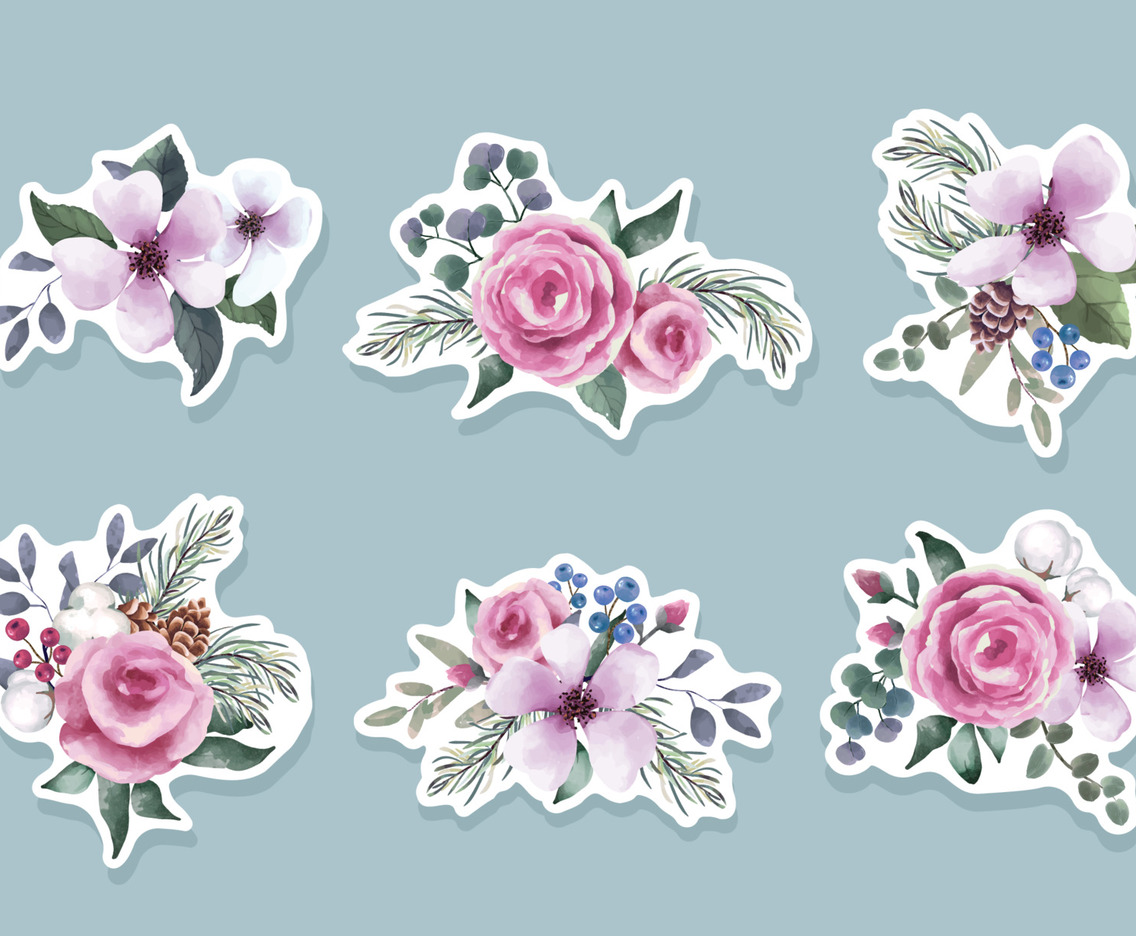 Set of  Winter Flower Bucket Stickers in Watercolor
