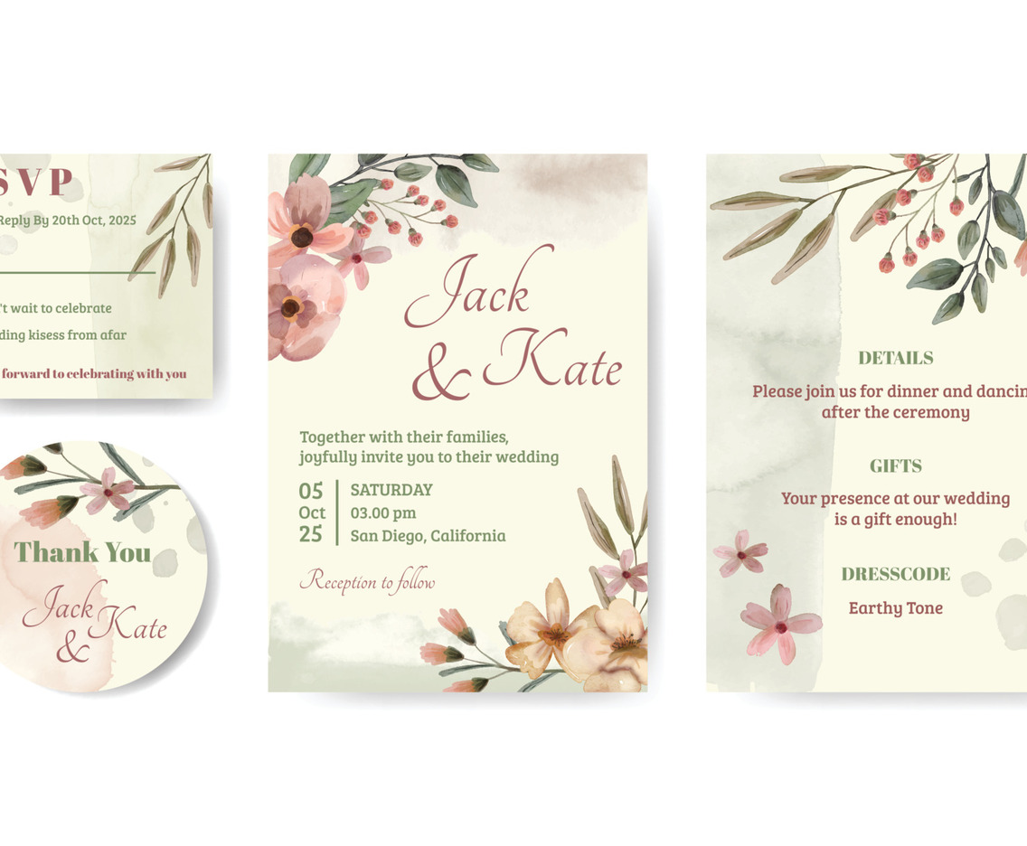 Soft Flower Watercolor Wedding Invitation Set