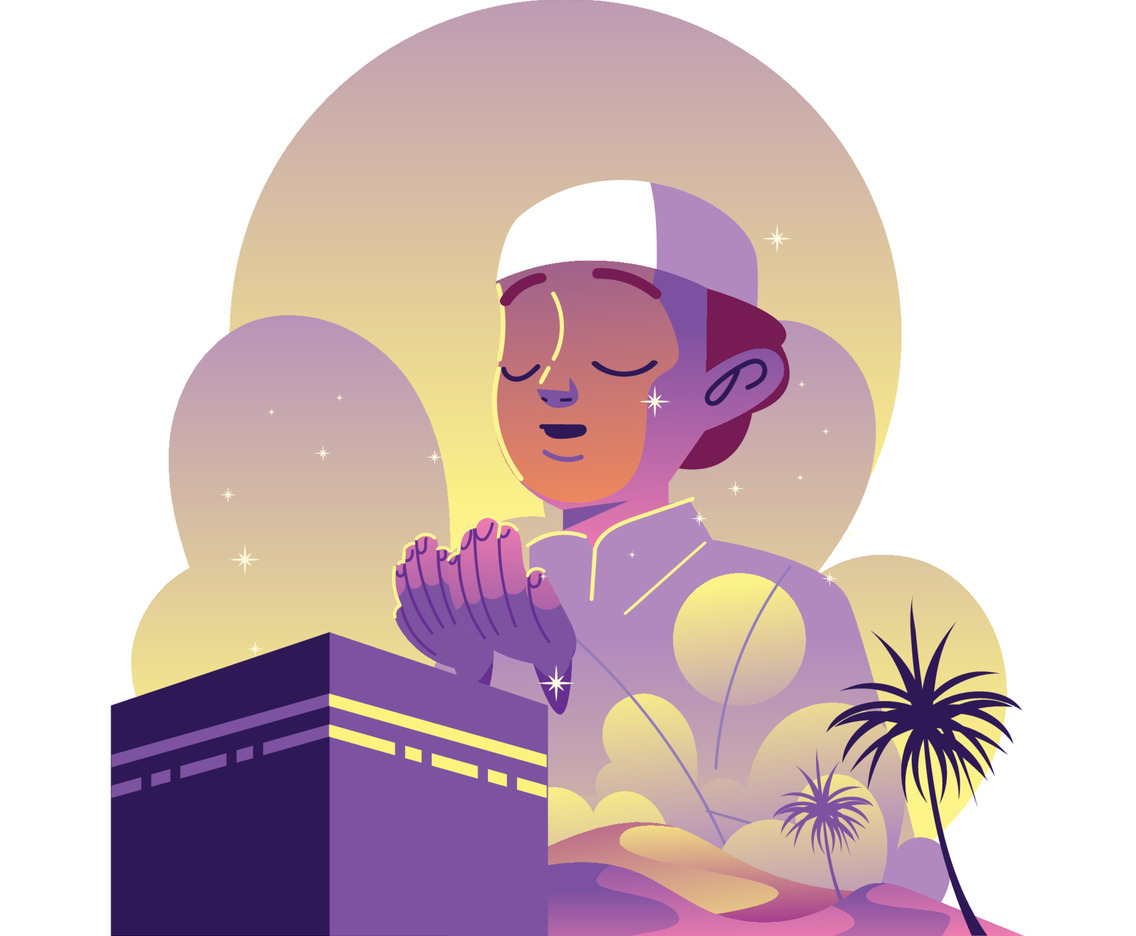 Praying Moslem Kid with Kabbah in Double Exposure Style