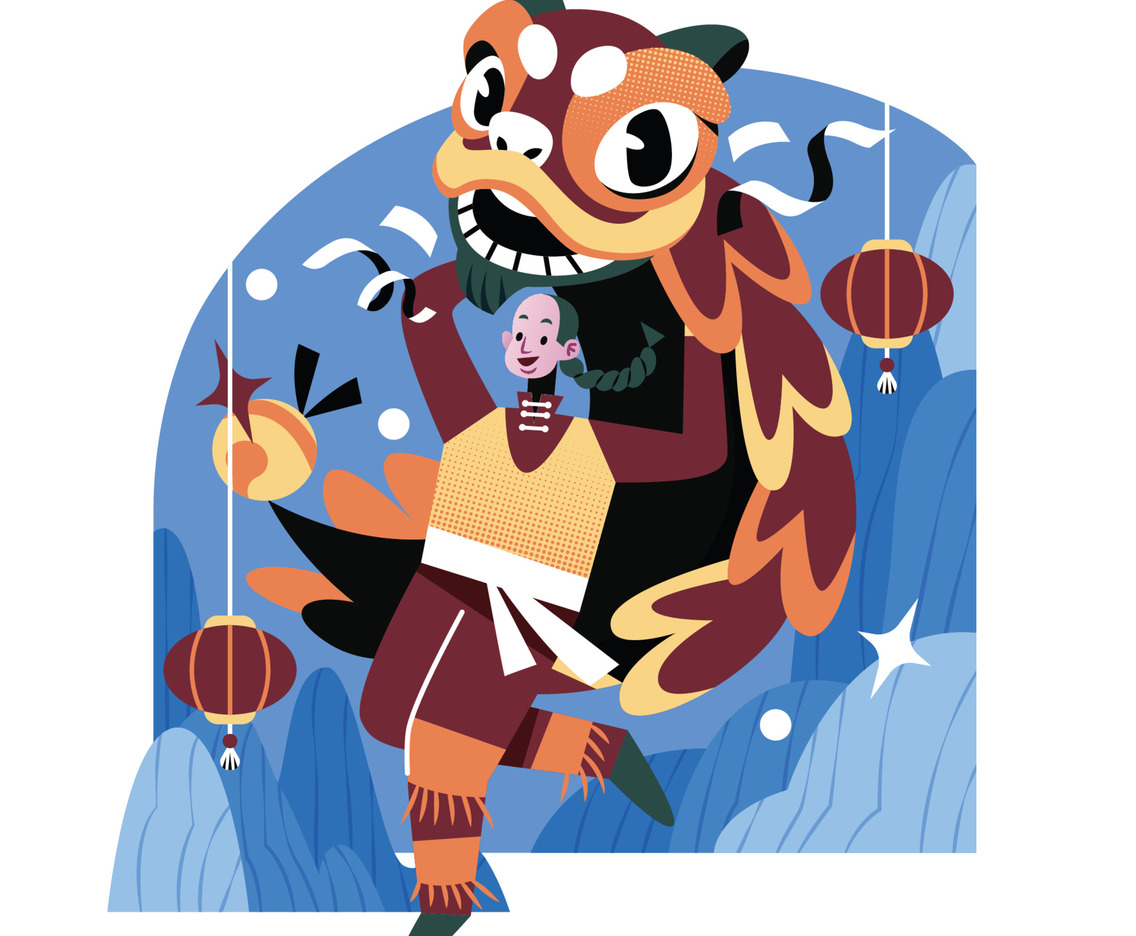 A Man Celebrates Chinese New Year With Lion Dance