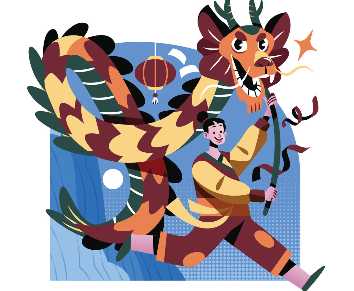 A Man Celebrating Chinese New Year With Dragon Dance