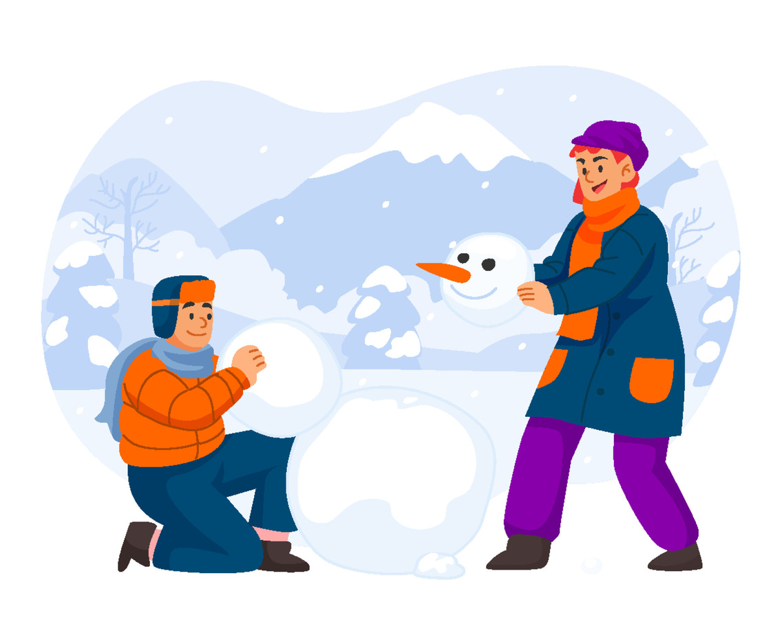 Couple Building a Snowman at Winter Outdoor